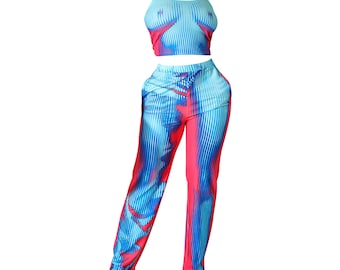 Body Graphic Two Piece Set, Sleeveless Crop Top, High Waisted Pants