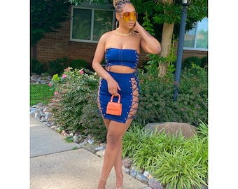 Denim Mini Skirt Set, Lace Up Crop Top, Modern Sexy Outfit