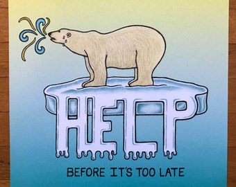 Global warming poster, melting ice, save our planet, polar bear, melting glacier