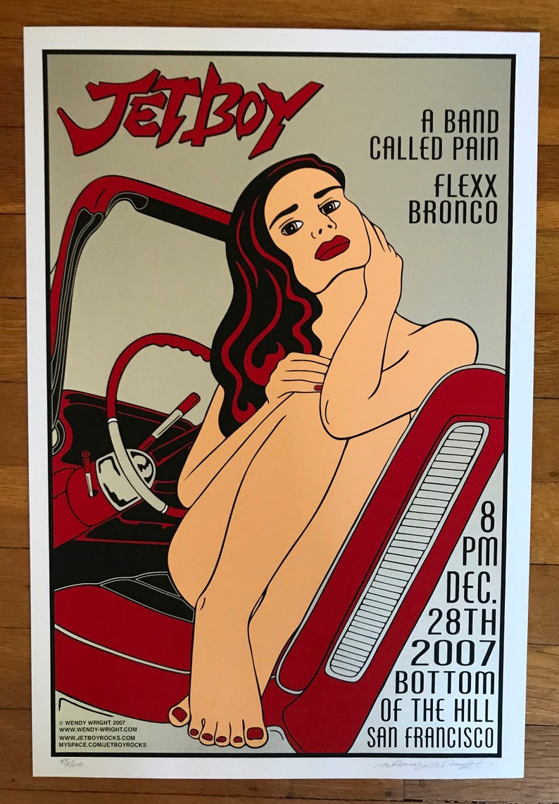 Official Jetboy silkscreened concert poster, San Francisco poster, rock poster, Bottom of the hill, woman, classic car image 1
