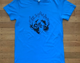 Women's graphic T-shirt • flaming hair • illustrated tee • psychedelic design • red • blue • pink • american apparel • clothing