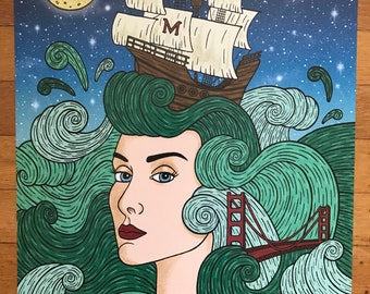 Moonalice concert poster, music poster, poster art, rock poster, San Francisco, Golden Gate Bridge, swirly hair, vintage ship