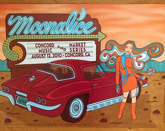 Moonalice concert poster, music poster, poster art, corvette, vintage neon sign, vintage drive-in marquee,