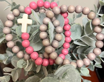 Roze/grijze set met kruiskralen