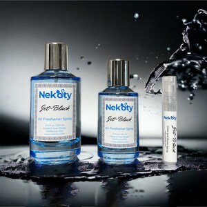May include: Three bottles of Nekoty Jet-Black air freshener spray. The bottles are clear glass with a silver cap. The largest bottle is 3.4 fl oz / 100 ml, the middle bottle is 1.7 fl oz / 50 ml, and the smallest bottle is a travel size. All bottles have the same label with the brand name Nekoty and the product name Jet-Black.