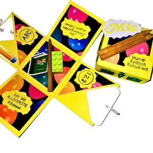 Explosionsbox - Geschenkbox zur Einschulung mit Wunschnamen für Geld oder Gutschein Geschenke