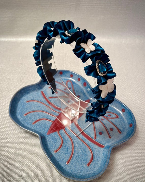 Blue Butterfly Embellished Headband Navy Blue Butterfly Satin Hairband With Sparkly Glitter  main image 3