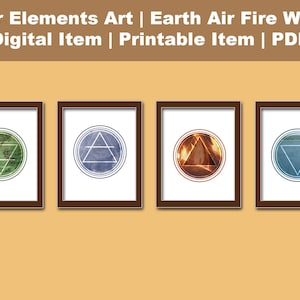 Four Elements Artwork, Earth, Air, Fire, Water | Round Magical Elements Art | Digital Download