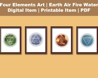 Obra de arte de cuatro elementos, tierra, aire, fuego, agua / Arte de elementos mágicos redondos / Descarga digital