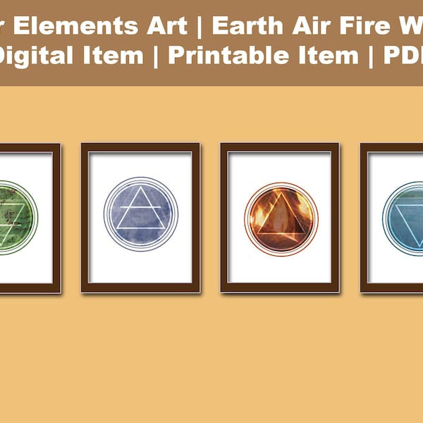 Four Elements Artwork, Earth, Air, Fire, Water | Round Magical Elements Art | Digital Download