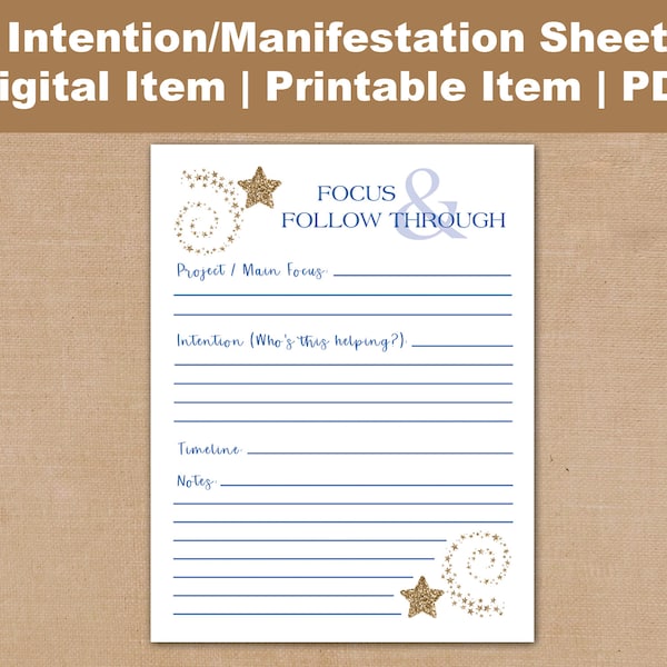 Digital Download | Simple Intention Stationary PDF Sheet | Manifestation Page | Focus Sheet Page