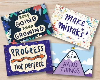 Growth Mindset, Illustrated Postcard Set | Encourage Positivity | Pack of 4 postcards | positive affirmation quotes to send | keep positive