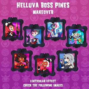 Puede incluir: Un conjunto de 7 imágenes lenticulares con personajes de la serie animada "Helluva Boss". Las imágenes están enmarcadas en negro y presentan una variedad de poses y expresiones. Los textos "Helluva Boss Pines Makeover" y "Lenticular Effect" son visibles en la parte superior e inferior de la imagen, respectivamente.
