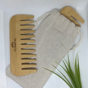 Natural Bamboo wide Tooth Comb, to detangle your hair, antistatic, plastic free, waste free, biodegradable, with organic cotton bag.