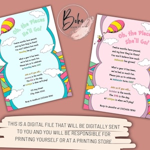 Może przedstawiać: Dwie kolorowe, drukowane zaproszenia na przyjęcie urodzinowe dla dziecka. Zaproszenia przedstawiają balon na gorące powietrze o fantazyjnym wzorze i tekst "Oh, the Places He'll Go!" i "Oh, the Places She'll Go!"