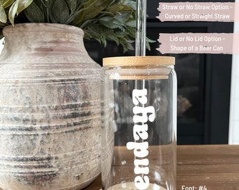 Personalized Name Iced Coffee Cup - Iced Coffee Cup with Lid and Straw - Beer Can Glass with Lid & Straw - Bridal Party Gift - Glass Tumbler