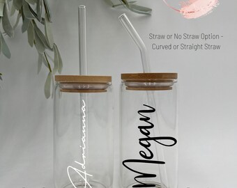 Personalized Name Iced Coffee Cup - Iced Coffee Cup with Lid and Straw - Beer Can Glass with Lid & Straw - Bridal Party Gift - Glass Tumbler