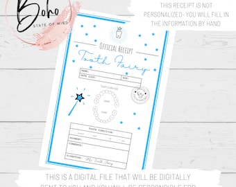 Ontvangst tandenfee, certificaat tandenfee, certificaat verloren tand, rapport verloren tanden, digitale DOWNLOAD, Instant Download, afdrukbaar, jongen