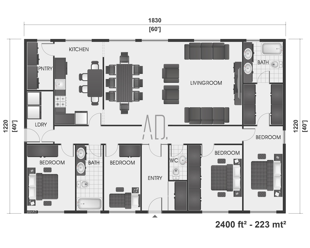 4 Bedroom Barndominium Floor Plan 40x60 Modern House Plan - Etsy