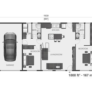 House plan with garage, 2 bedroom 2 bathroom floor plan, 1800 square feet, architectural drawing