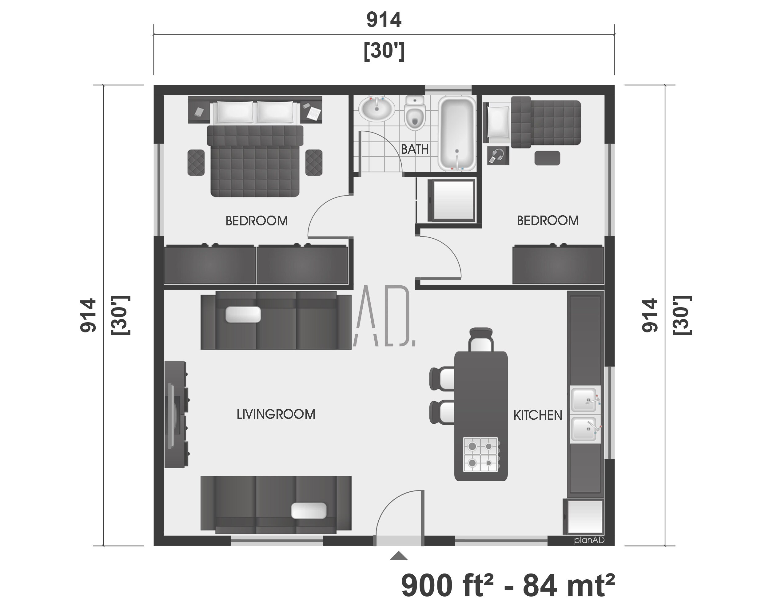 30x30 Floor Plan Modern House Plan 2 Bedroom House Plan Small 