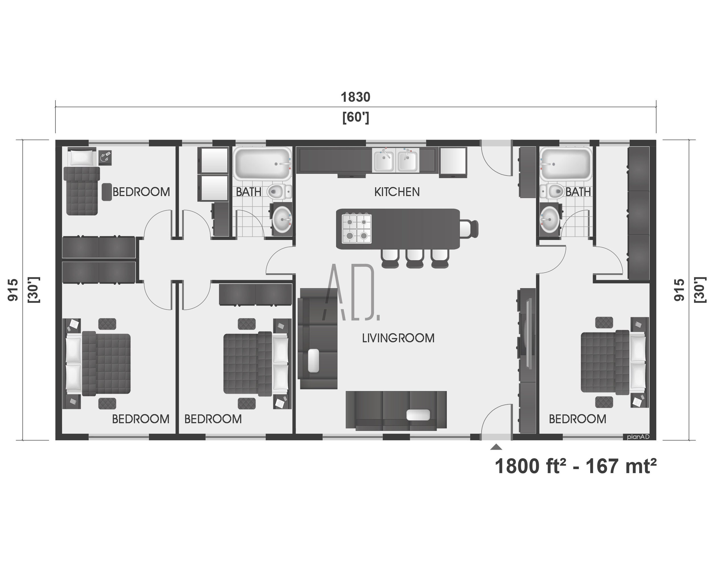 4 Bedroom House Plan Barndominium Floor Plan Modern Etsy