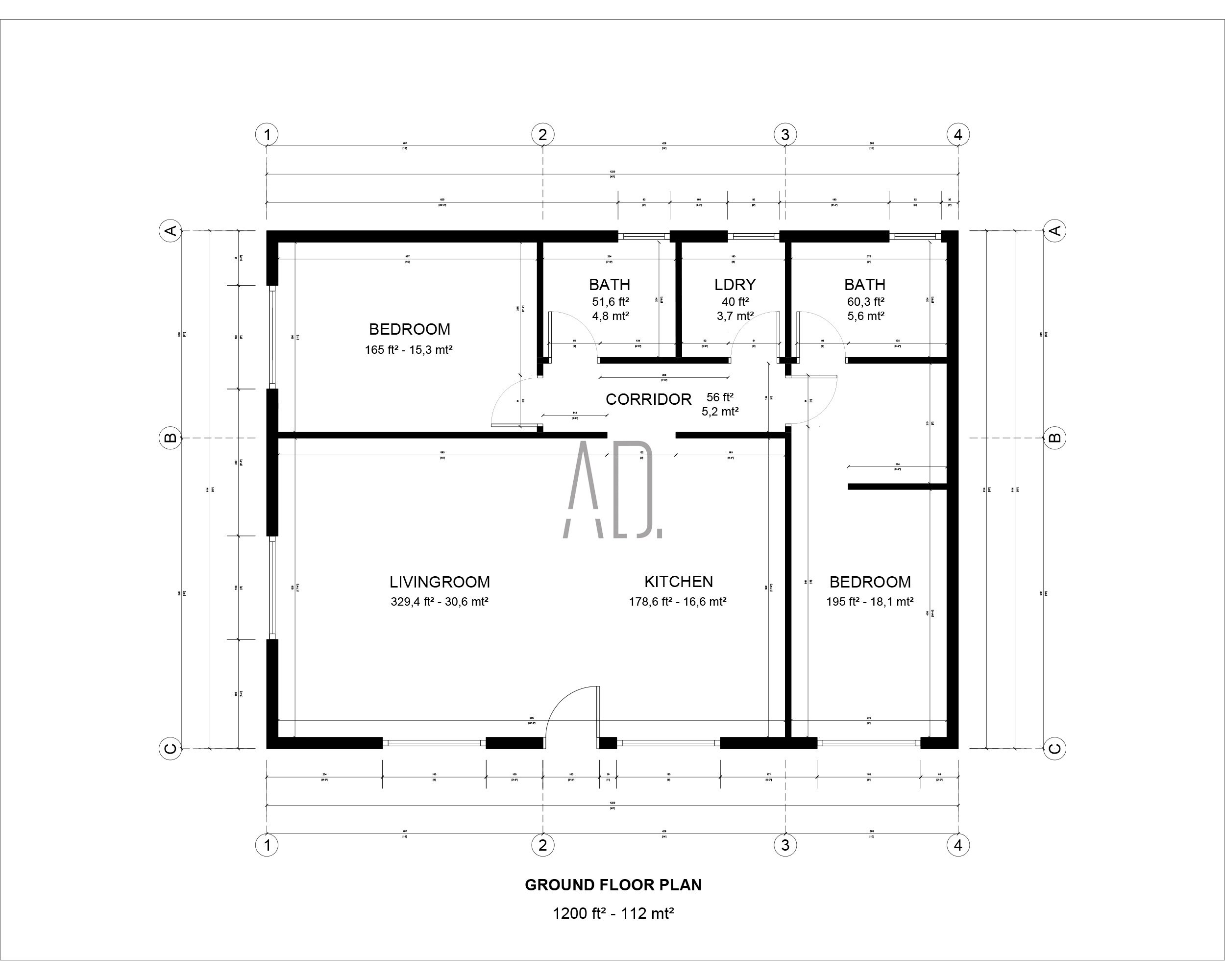 Floor Plan 2 Bedroom 1200 Sq Ft House Plan Cottage House Etsy