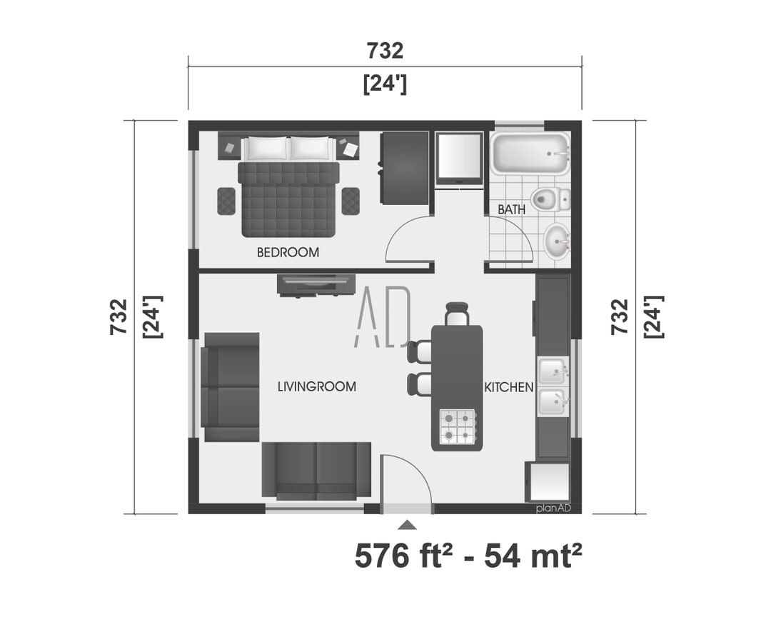 Small House Plan 1 Bedroom Home Plan 24x24 Floor Plan Tiny House 