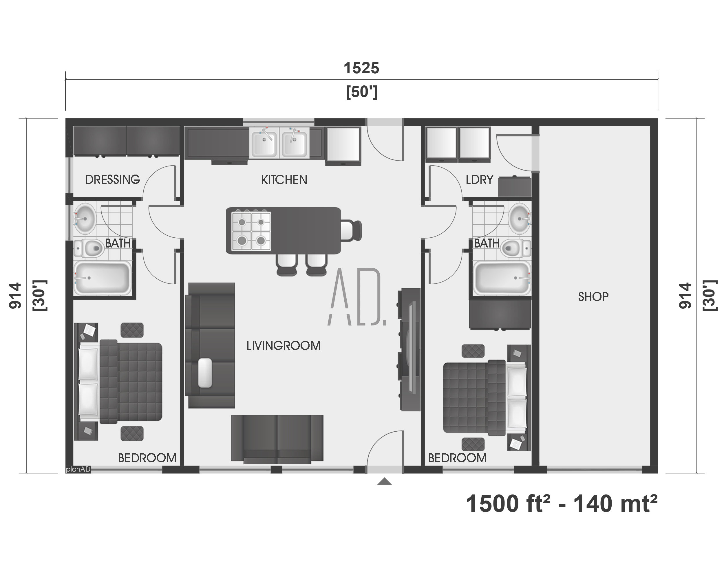 Barndominium Floor Plan With Shop 1500 Sq Ft Farmhouse 30x50 Etsy