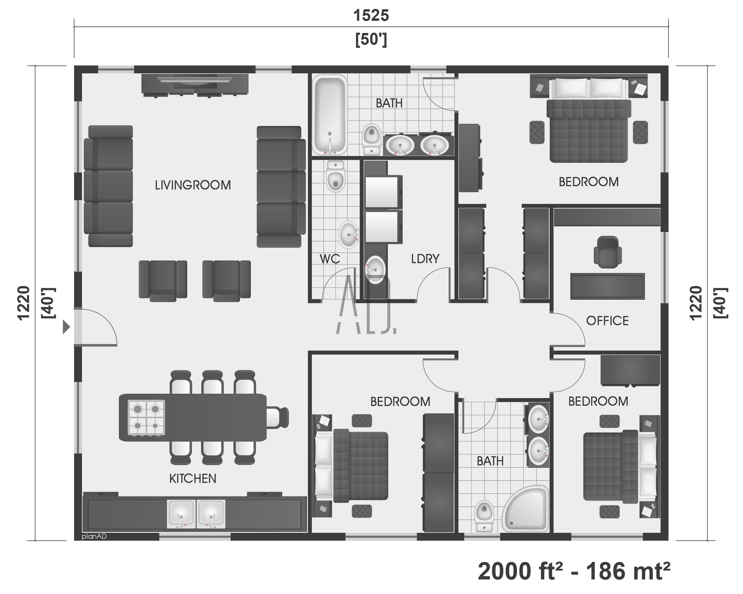 2000 Sq Ft House Plan 40x50 Modern House Plan 3 Bedroom 2 5 Etsy UK