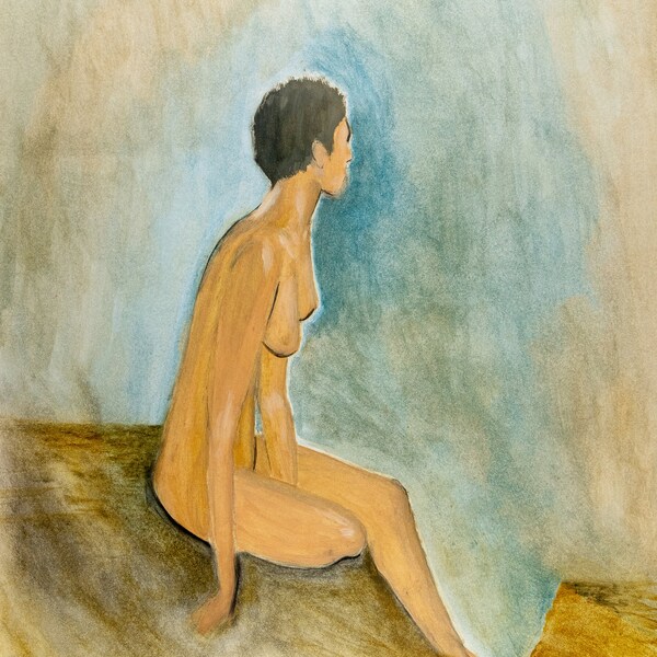 Peinture originale à l'huile sur papier art figuratif observation nu femme "ISBA, Femme Nue de Profil"