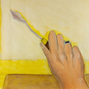 Dipinto originale ad olio su carta d'arte figurativa da osservazione "La mano del pittore"