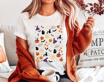 Chemise d’Halloween mignonne, chemise effrayante pour l’automne, tee-shirt enseignant, icônes d’Halloween, saison effrayante, citrouilles, squelettes, sorcières, chauves-souris, tee fantômes