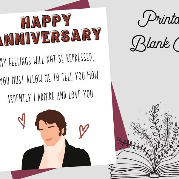 Mr. Darcy Anniversary Card | Jane Austen Greeting Card | Print at Home | Pride & Prejudice Quote | 5x7" or 4x6" Card | Most Ardently