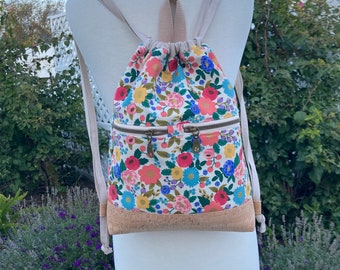 Begonia backpack, drawstring backpack, Cork and cotton  bag, Rifle Paper florals