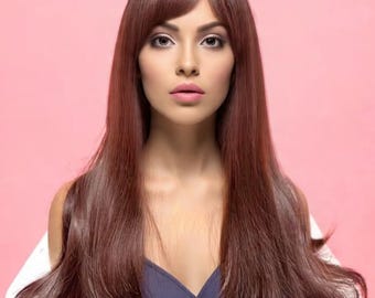 Rust Brown Synthetic Hair Wig With Bangs 24-inch Long Bouncy Hairs | Mesh Cap Soft Curl Hair Extension | Heat Resistant Hair Wig Easy Style