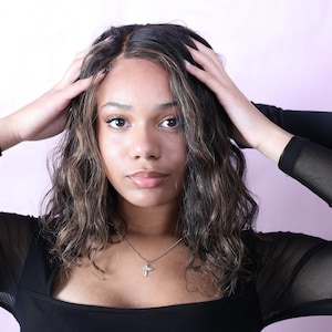 Brown Hair Wig with Caramel Highlights | Wavy Human Hair Wig – 14 Inch Virgin Lace Front Wig | Pre-Styled HD Lace Wig, Curly When Wet