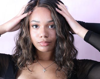 Brown Hair Wig with Caramel Highlights | Wavy Human Hair Wig – 14 Inch Virgin Lace Front Wig | Pre-Styled HD Lace Wig, Curly When Wet