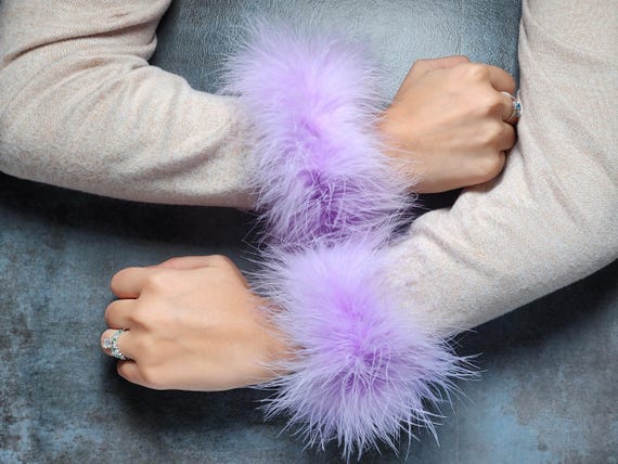 Fur Feather Cuff Bracelet Slap Wristband One Pair Lilac Color Etsy