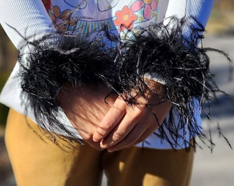 Long Black Feather Cuff Bracelet | Fashion Snap Wristband | Pack Of 2 - Ostrich Feather Wristbands | Black Color