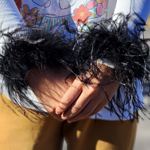 Long Black Feather Cuff Bracelet | Fashion Snap Wristband | Pack Of 2 - Ostrich Feather Wristbands | Black Color