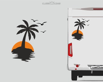 Wohnwagen Wohnmobil - Palme Beach Strand Sonnenuntergang - Auto Caravan Van Sticker Autoaufkleber Womo Camper