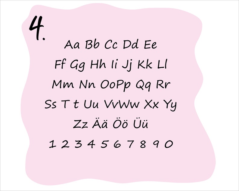 Op de afbeelding: Een roze achtergrond met het nummer 4 en een lijst met letters en cijfers. De letters omvatten het alfabet in hoofdletters en kleine letters, evenals de letters "&Auml;", "&Ouml;" en "&Uuml;". De cijfers omvatten 1 tot en met 9 en 0.