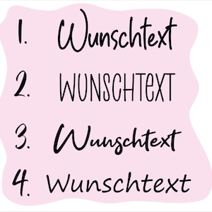 Op de afbeelding: Een roze achtergrond met vier genummerde tekstregels. Elke regel zegt "Wunschtext" in verschillende lettertypen.