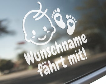 Autoaufkleber Wunschname fährt mit |  Baby Kinder Name | Wunschtext | personalisiert | Auto Sticker | Baby Füße