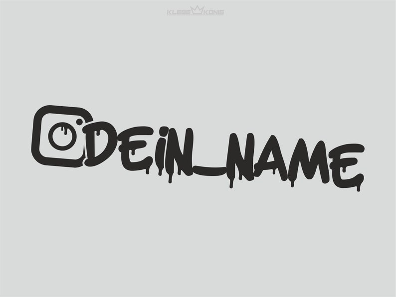 Puede incluir: Dise&ntilde;o gr&aacute;fico en blanco y negro de un icono de c&aacute;mara de Instagram con el texto "DEIN NAME" en un estilo de pintura que gotea.