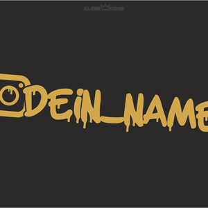 Puede incluir: Un icono de c&aacute;mara de Instagram dorado con el texto "DEIN_NAME" en un estilo de pintura que gotea.