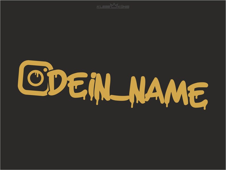 Puede incluir: Un icono de c&aacute;mara de Instagram dorado con el texto "DEIN_NAME" en un estilo de pintura que gotea.