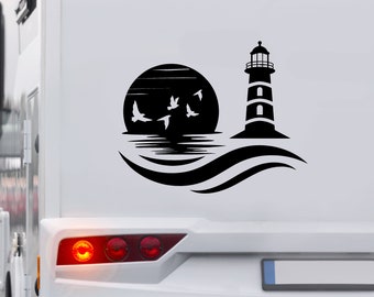 Leuchtturm Wellen Vögel bei Nacht Wohnmobil Wohnwagen Aufkleber Auto Caravan Van Sticker Autoaufkleber Womo Camper