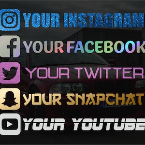 Könnte beinhalten: Ein Satz von fünf Social-Media-Symbolen mit Textüberlagerungen. Die Symbole sind Instagram, Facebook, Twitter, Snapchat und YouTube. Die Textüberlagerungen sind "YOUR INSTAGRAM", "YOUR FACEBOOK", "YOUR TWITTER", "YOUR SNAPCHAT" und "YOUR YOUTUBE".